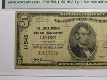 Load image into Gallery viewer, $5 1929 Linden New Jersey NJ National Currency Bank Note Bill Ch #11545 PMG VF20