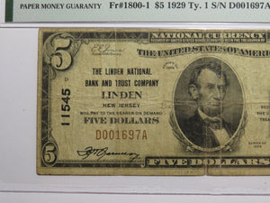 $5 1929 Linden New Jersey NJ National Currency Bank Note Bill Ch #11545 PMG VF20