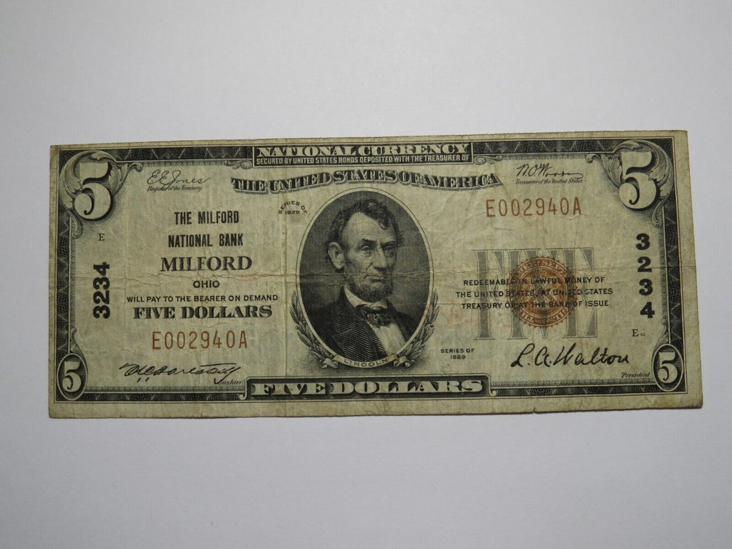 $5 1929 Milford Ohio OH National Currency Bank Note Bill Charter #3234 FINE