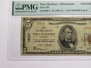 $5 1929 Two Harbors Minnesota National Currency Bank Note Bill #12357 F15 PMG