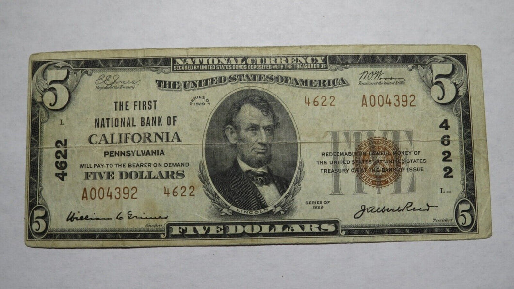 $5 1929 California Pennsylvania PA National Currency Bank Note Bill Ch. #4622 