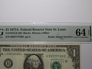 $1 1977 Fancy Radar Serial Number Federal Reserve Currency Note Bill #99777799