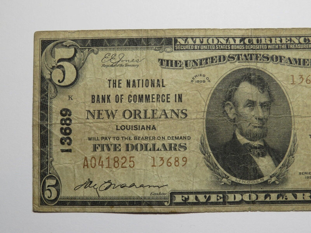 $5 1929 New Orleans Louisiana LA National Currency Bank Note Bill Charter #13689