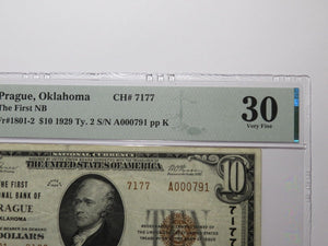 $10 1929 Prague Oklahoma OK National Currency Bank Note Bill Ch #7177 VF30 PMG