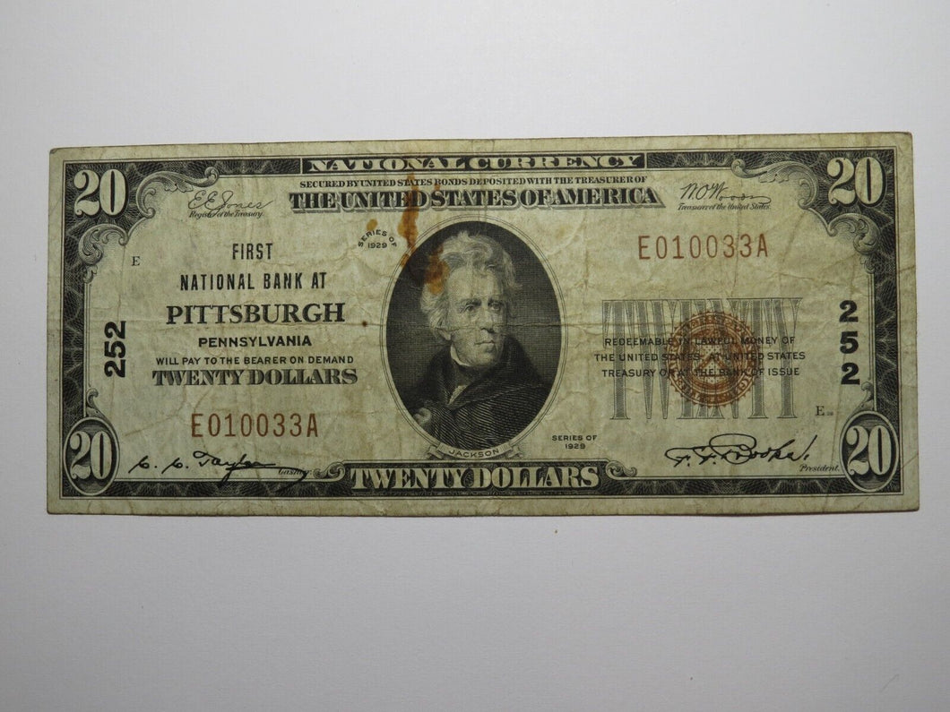 $20 1929 Pittsburgh Pennsylvania National Currency Bank Note Bill Ch. #252 FINE