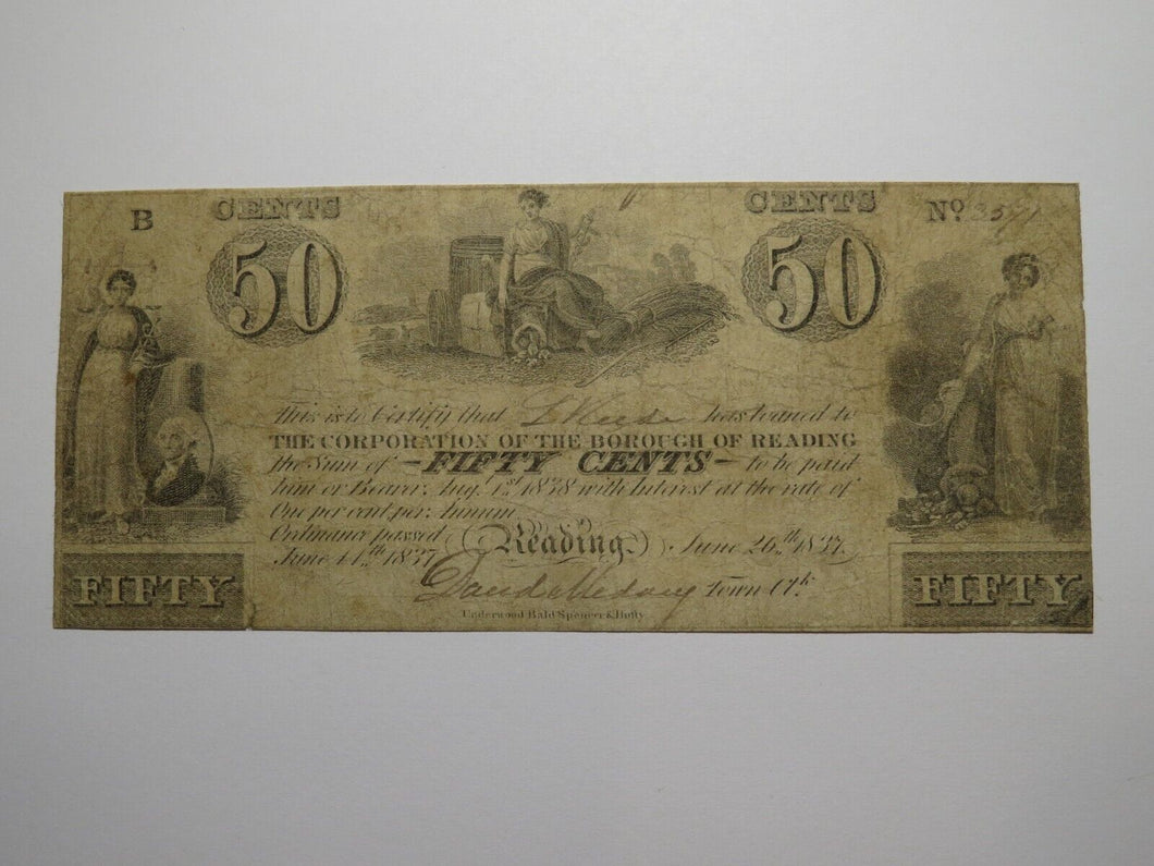 $.50 1837 Reading Pennsylvania PA Obsolete Currency Bank Note Borough of Reading