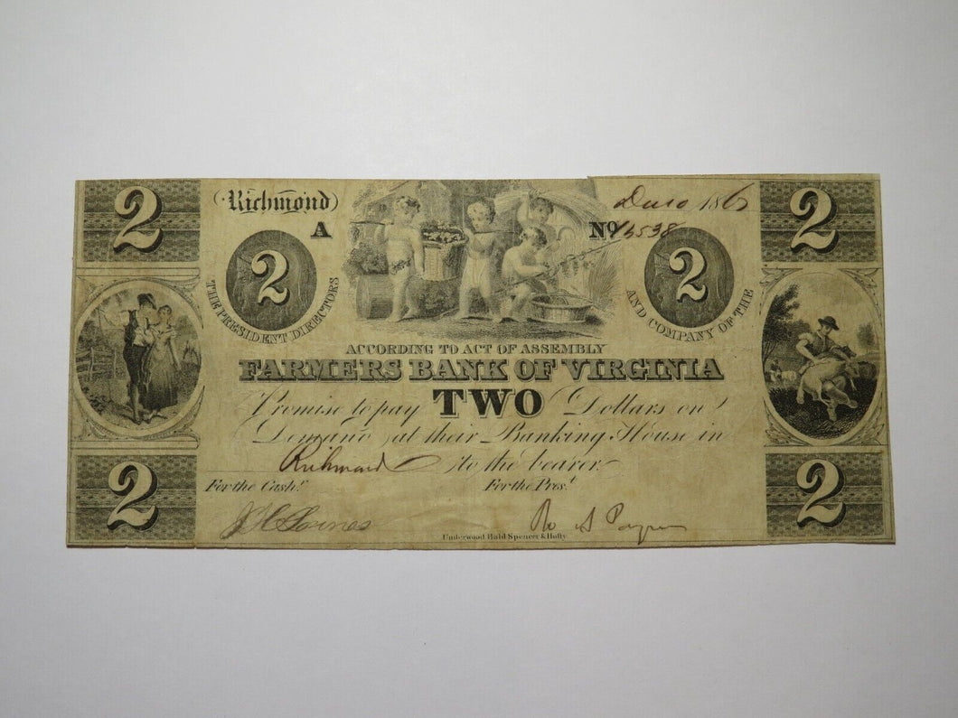 $2 1861 Richmond Virginia Obsolete Currency Bank Note Bill Farmers Bank of VA