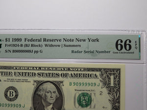 $1 1999 Fancy Radar Serial Number Federal Reserve Currency Note Bill #90999909