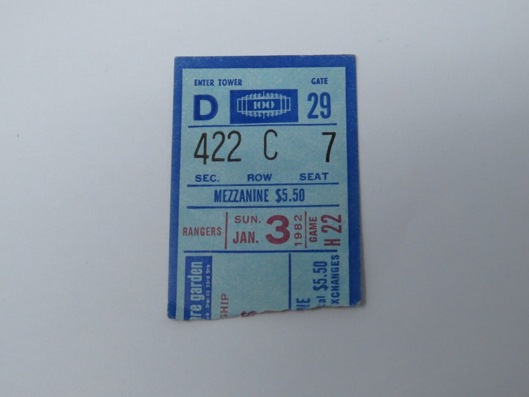 January 3, 1982 New York Rangers Vs. Washington Capitals NHL Hockey Ticket Stub