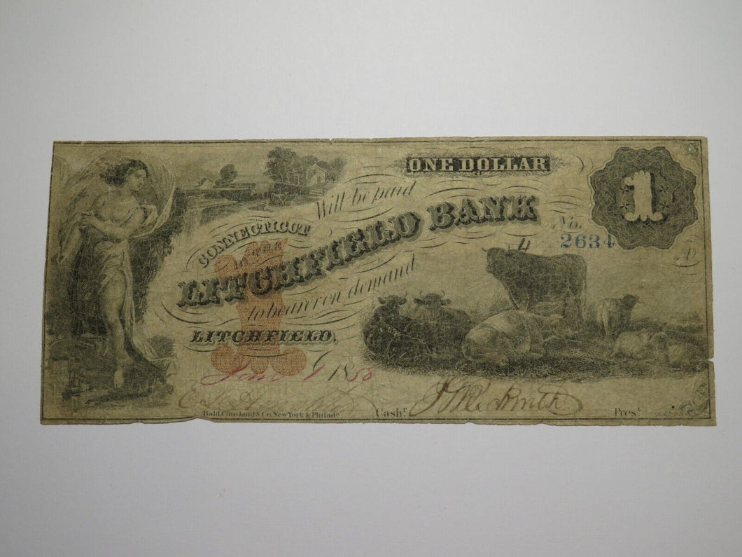 $1 1858 Litchfield Connecticut CT Obsolete Currency Note Bill Litchfield Bank