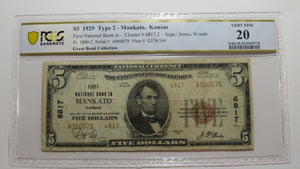 $5 1929 Mankato Kansas KS National Currency Bank Note Bill Ch. #6817 VF20 PCGS