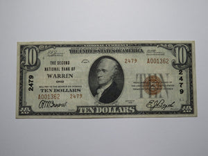 $10 1929 Warren Ohio OH National Currency Bank Note Bill Charter #2479 Very Fine