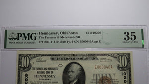 $10 1929 Hennessey Oklahoma OK National Currency Bank Note Bill #10209 VF35 PMG