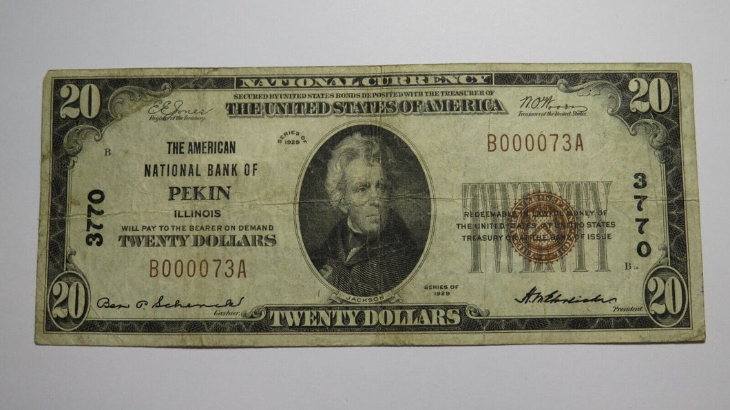 $20 1929 Pekin Illinois IL National Currency Bank Note Bill Ch. #3770 Low Serial