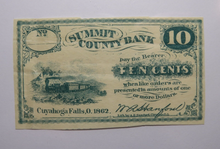 Load image into Gallery viewer, $.10 1862 Cuyahoga Falls Ohio OH Obsolete Currency Bank Note Bill Summit County