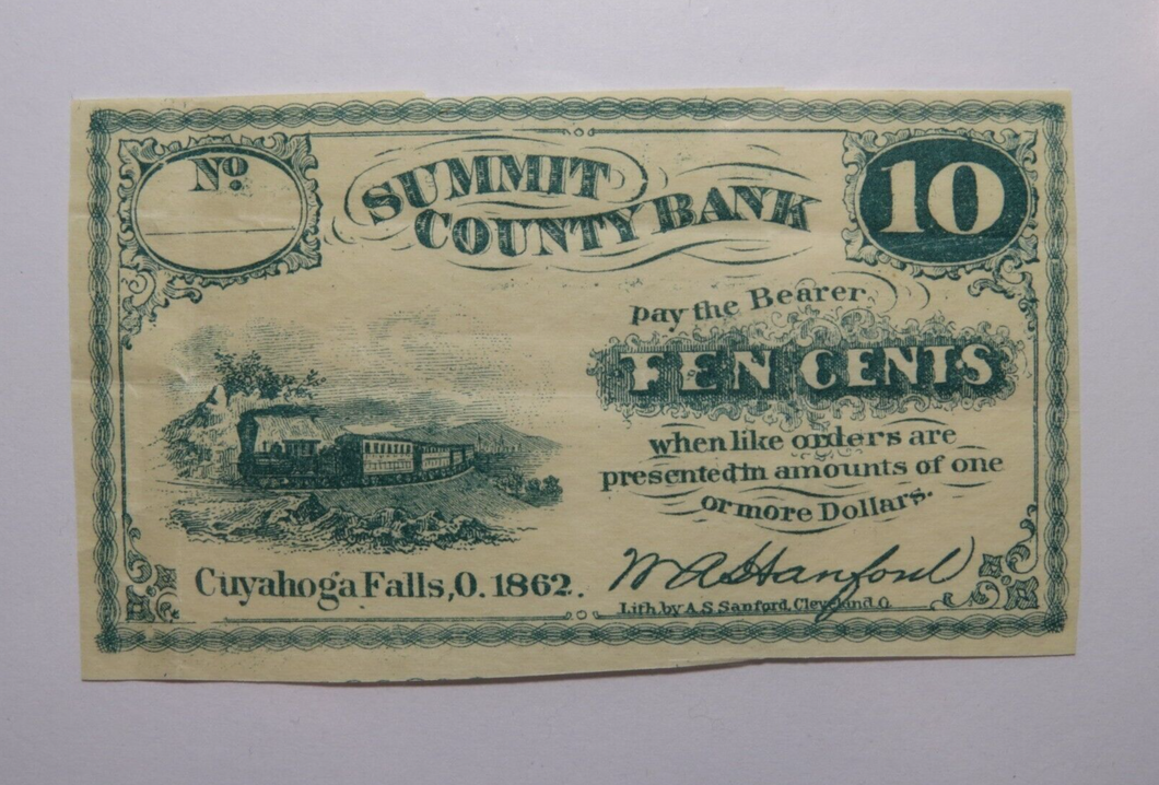 $.10 1862 Cuyahoga Falls Ohio OH Obsolete Currency Bank Note Bill Summit County