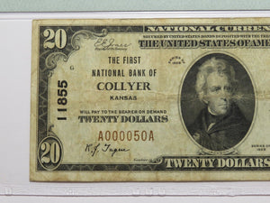 $20 1929 Collyer Kansas KS National Currency Bank Note Bill Ch. #11855 VF25 PMG