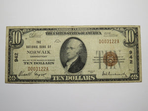 $10 1929 Norwalk Connecticut CT National Currency Bank Note Bill Ch. #942 Fine++