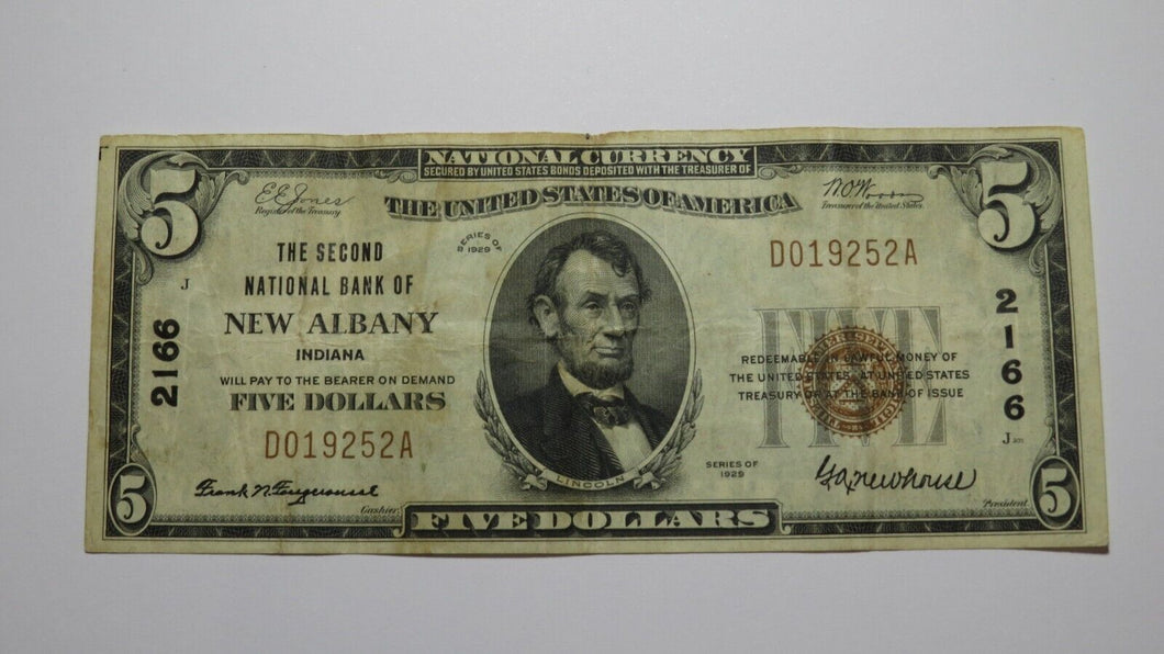 $5 1929 New Albany Indiana IN National Currency Bank Note Bill Ch. #2166 VF