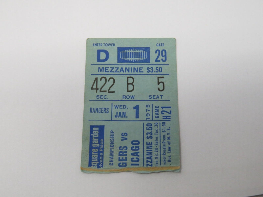 January 1, 1975 New York Rangers Vs. Chicago Blackhawks NHL Hockey Ticket Stub