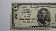 Load image into Gallery viewer, $5 1929 Livonia New York NY National Currency Bank Note Bill Charter #13006 VF!