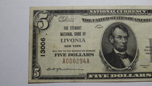 $5 1929 Livonia New York NY National Currency Bank Note Bill Charter #13006 VF!