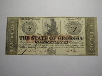 $5 1862 Milledgeville Georgia Obsolete Currency Bank Note Bill! State of GA AU+