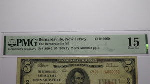 $5 1929 Bernardsville New Jersey National Currency Bank Note Bill Ch #6960 F15