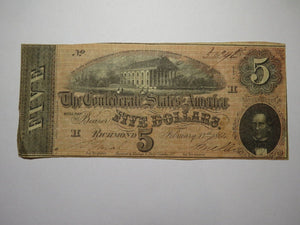 $5 1864 Richmond Virginia VA Confederate Currency Bank Note Bill RARE T69 FINE