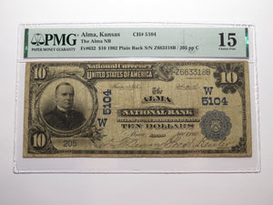 $10 1902 Alma Kansas KS National Currency Bank Note Bill Charter #5104 F15 PMG