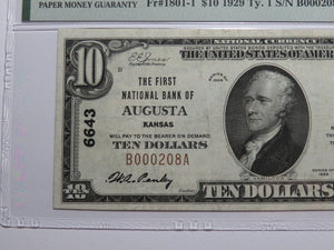 $10 1929 Augusta Kansas KS National Currency Bank Note Bill Ch. #6643 PMG VF30