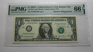 $1 2003A Repeater Serial Number Federal Reserve Currency Bank Note Bill UNC66EPQ