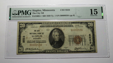 $20 1929 Staples Minnesota MN National Currency Bank Note Bill Ch #8523 F15 PMG