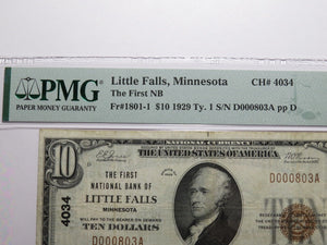 $10 1929 Little Falls Minnesota National Currency Bank Note Bill #4034 VF25EPQ