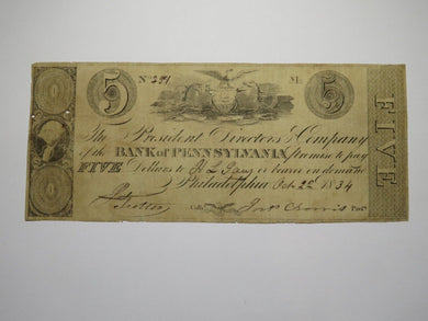 $5 1834 Philadelphia Pennsylvania Obsolete Currency Bank Note Bill Bank of PA