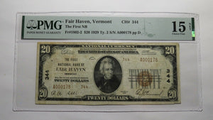 $20 1929 Fair Haven Vermont VT National Currency Bank Note Bill Ch. #344 F15 PMG