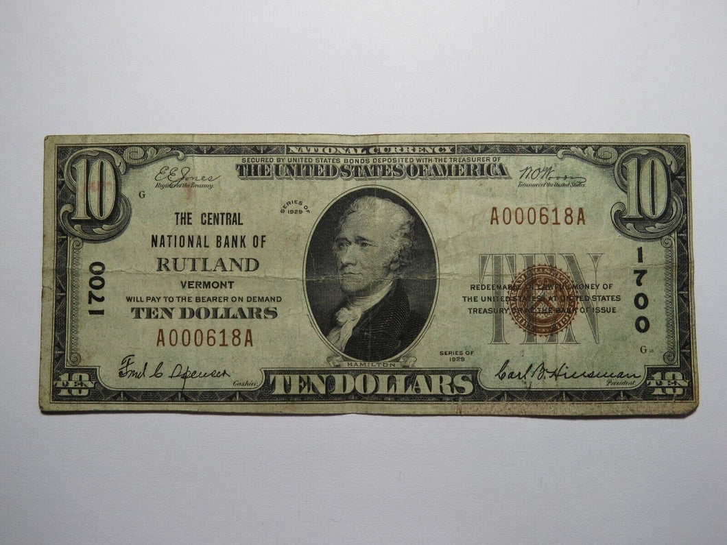 $10 1929 Rutland Vermont VT National Currency Bank Note Bill Charter #1700 FINE