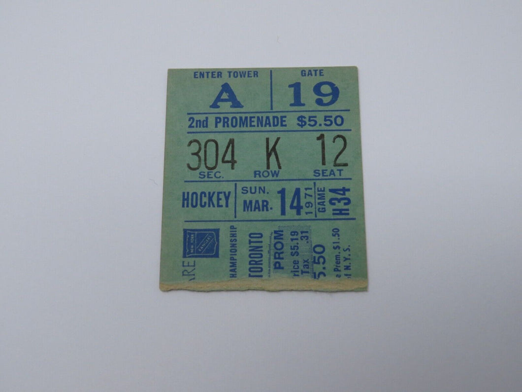 March 14, 1971 New York Rangers Maple Leafs NHL Hockey Ticket Stub Giacomin SO