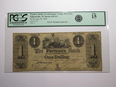 $1 1843 Ellicottville New York Obsolete Currency Bank Note Cattaraugus County