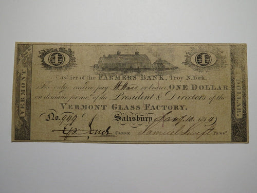 $1 1814 Salisbury Vermont VT Obsolete Currency Bank Note Bill! VT Glass Factory