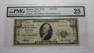 $10 1929 Roscoe New York NY National Currency Bank Note Bill Ch. #8191 VF PMG