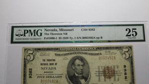 $5 1929 Nevada Missouri MO National Currency Bank Note Bill Ch. #9382 VF25 PMG