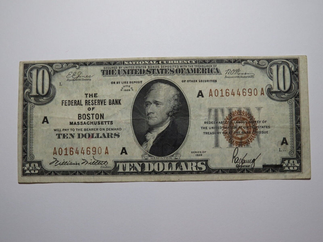 $10 1929 Boston Massachusetts National Currency Federal Reserve Bank Note VF+