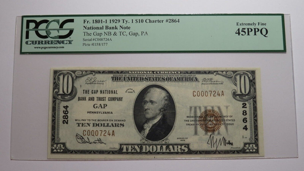 $10 1929 Gap Pennsylvania PA National Currency Bank Note Bill! #2864 PCGS XF45