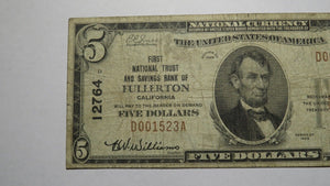 $5 1929 Fullerton California CA National Currency Bank Note Bill Ch. #12764 Fine