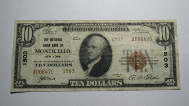 $10 1929 Monticello New York NY National Currency Bank Note Bill Ch. #1503 VF+