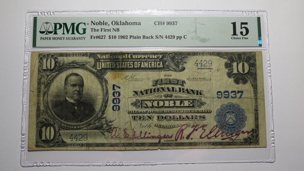 $10 1902 Noble Oklahoma OK National Currency Bank Note Bill Ch. #9937 F15 PMG