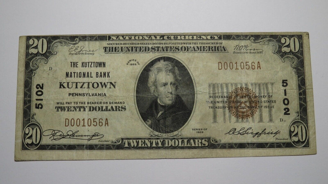 $20 1929 Kutztown Pennsylvania PA National Currency Bank Note Bill Ch. #5102 VF