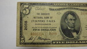 $5 1929 Turners Falls Massachusetts National Currency Bank Note Bill #2058 FINE