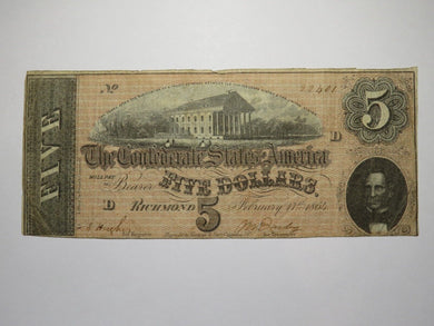 $5 1864 Richmond Virginia VA Confederate Currency Bank Note Bill RARE T69 FINE